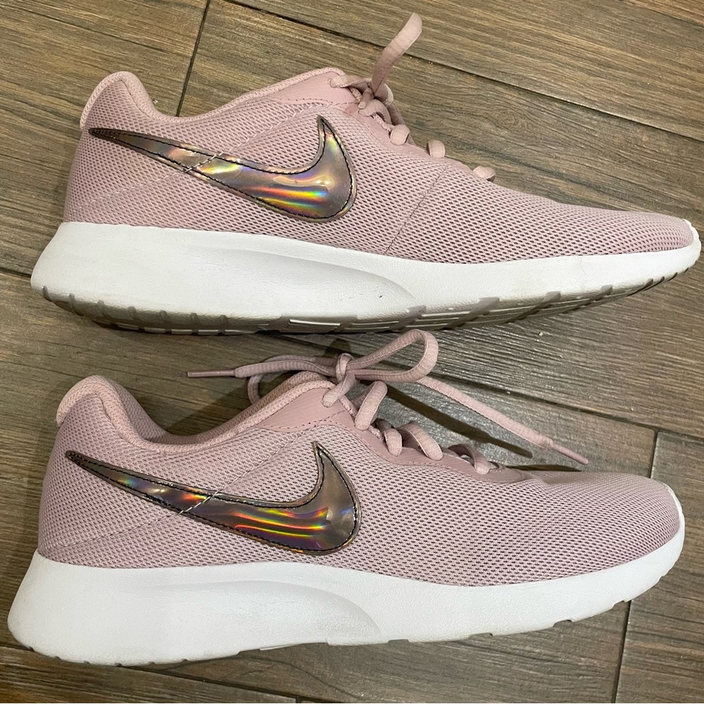 Nike Women's Light Pink Sneakers with Iridescent Swoosh